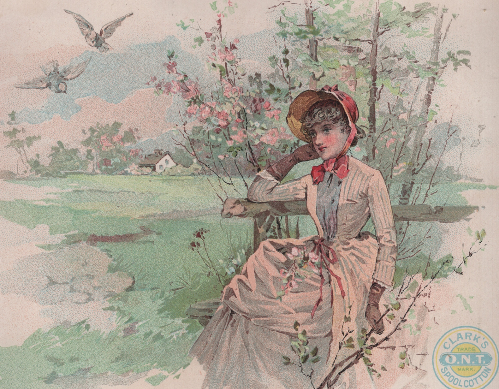 LG. CLARK’S O.N.T. SPOOL COTTON THREAD TRADE CARD, PROPER VICTORIAN LADY T202