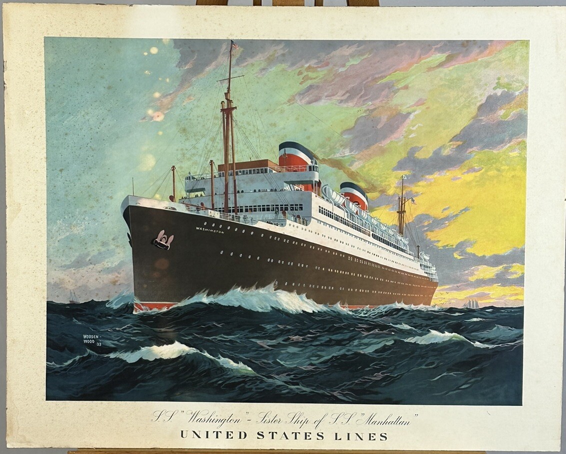 United States Lines S.S. Washington Ship 1933 Worden Wood Antique Poster