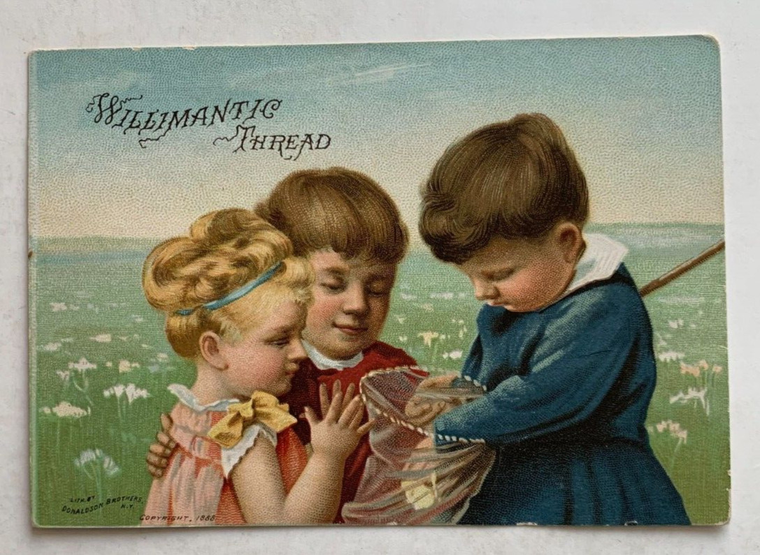 Vintage 1888 Victorian Trade Card Willimantic Thread Cotton Children Net Flowers
