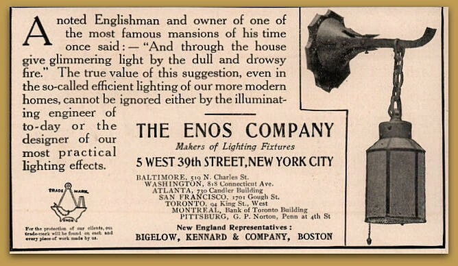 Early 1900’s Enos Lighting Co Arts and Crafts Design Metal Lamp Print Ad