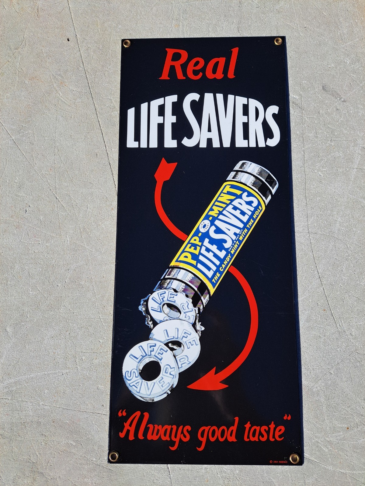 Vintage ANDE ROONEY porcelain enameled Real LIFE SAVERS advertising sign 1994