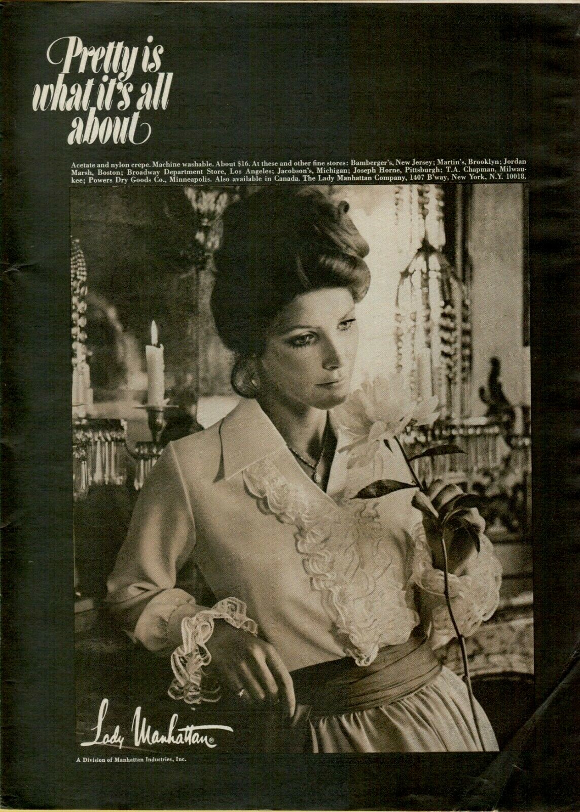 1969 Lady Manhattan Crepe Blouse Brunette Model Pretty Woman Vintage Print Ad