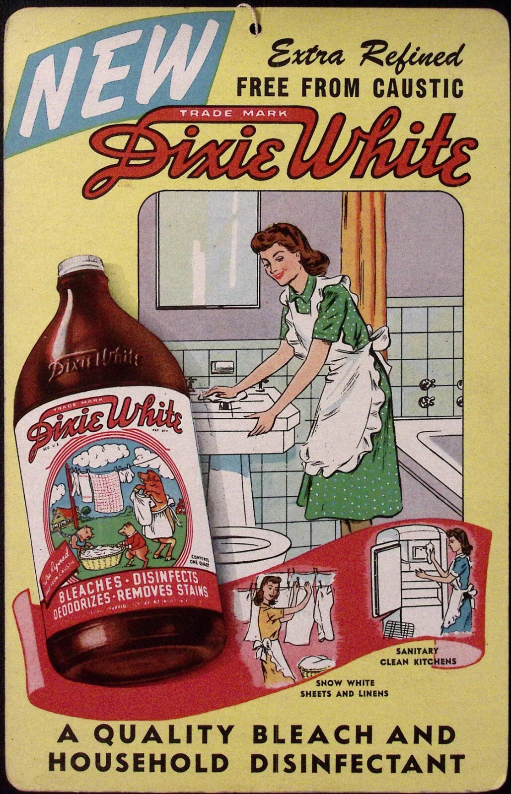 Dixie White Bleach & Disinfectant 1940s Grocery Store Hanging Sign 6.75 x 10.5″