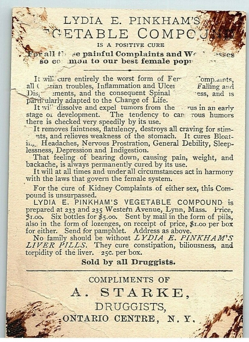 Lydia E Pinkham’s A Starke Druggists Victorian Calling Card Ontario New York