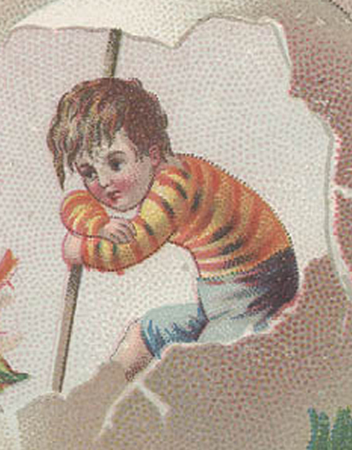 1880s NY AETNA CARD CO TRADE CARD, BOY in LG EGG, & BAD TROUBLE, TC253
