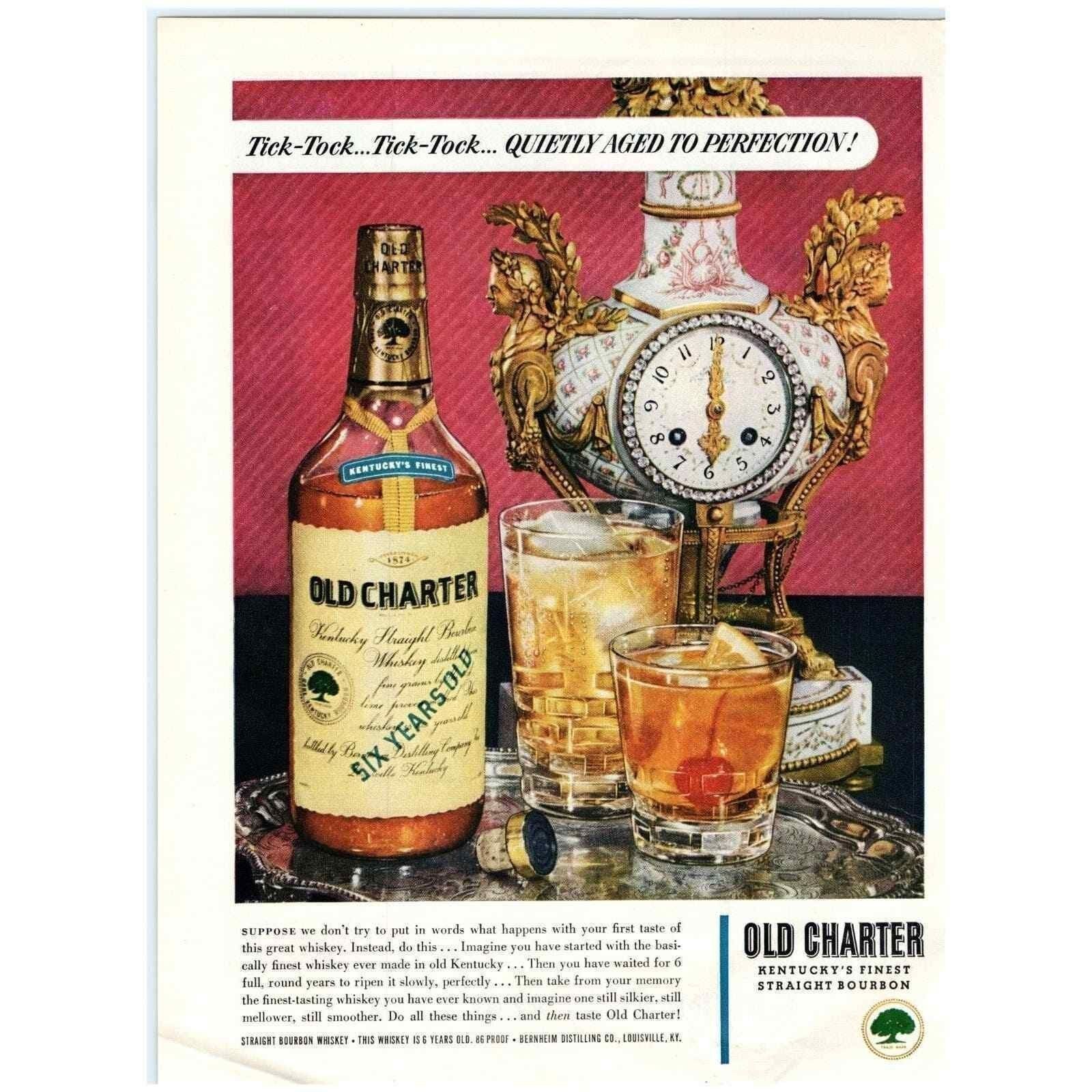 1948 Print Ad Old Charter Kentucky Finest Straight Bourbon Whisky Table Clock!