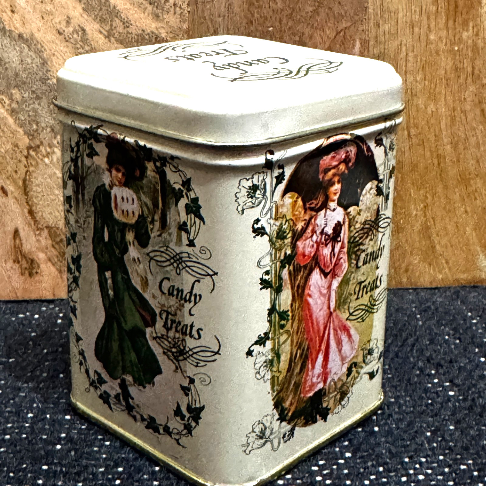 Candy Treats Lidded Tin Box, Victorian Styled Design, Vintage Circa 1990