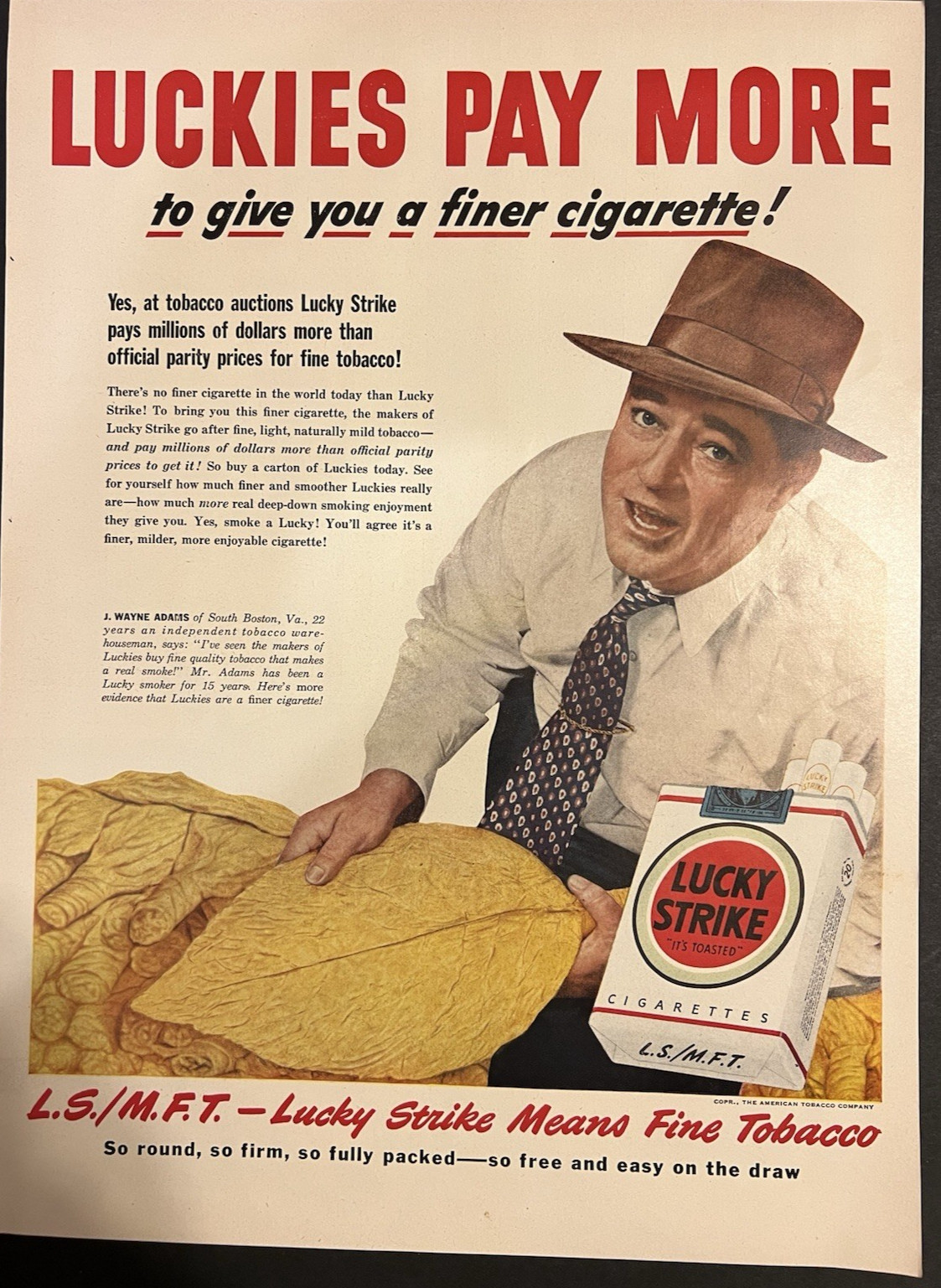Vtg 1950s AD-Lucky Strike Cigarettes-LS/MFT Lucky Strike Means Fine Tobacco