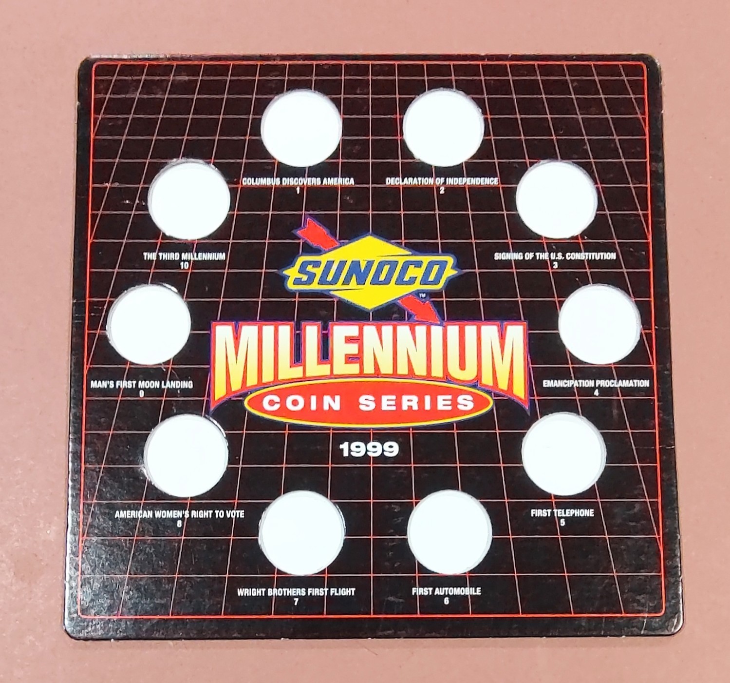 Vintage 1999 SUNOCO Millennium Coin Series Card With 10 Brass Coins 1492-2000