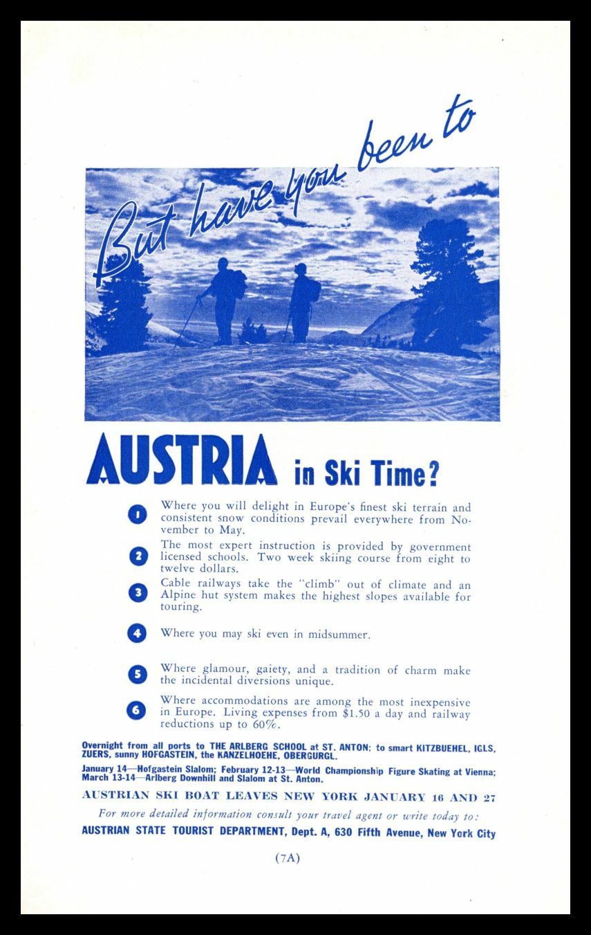1936 Austrian State Tourist Department Austria Snow Ski Vacation Print Ad
