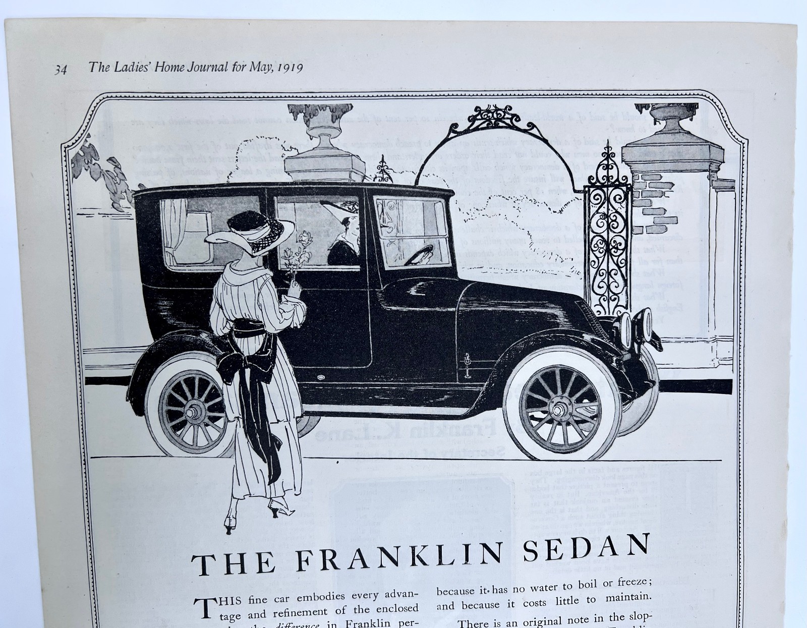 Magazine 1919 Ad Franklin Sedan Car Ladies Home Journal 16x11in Antique