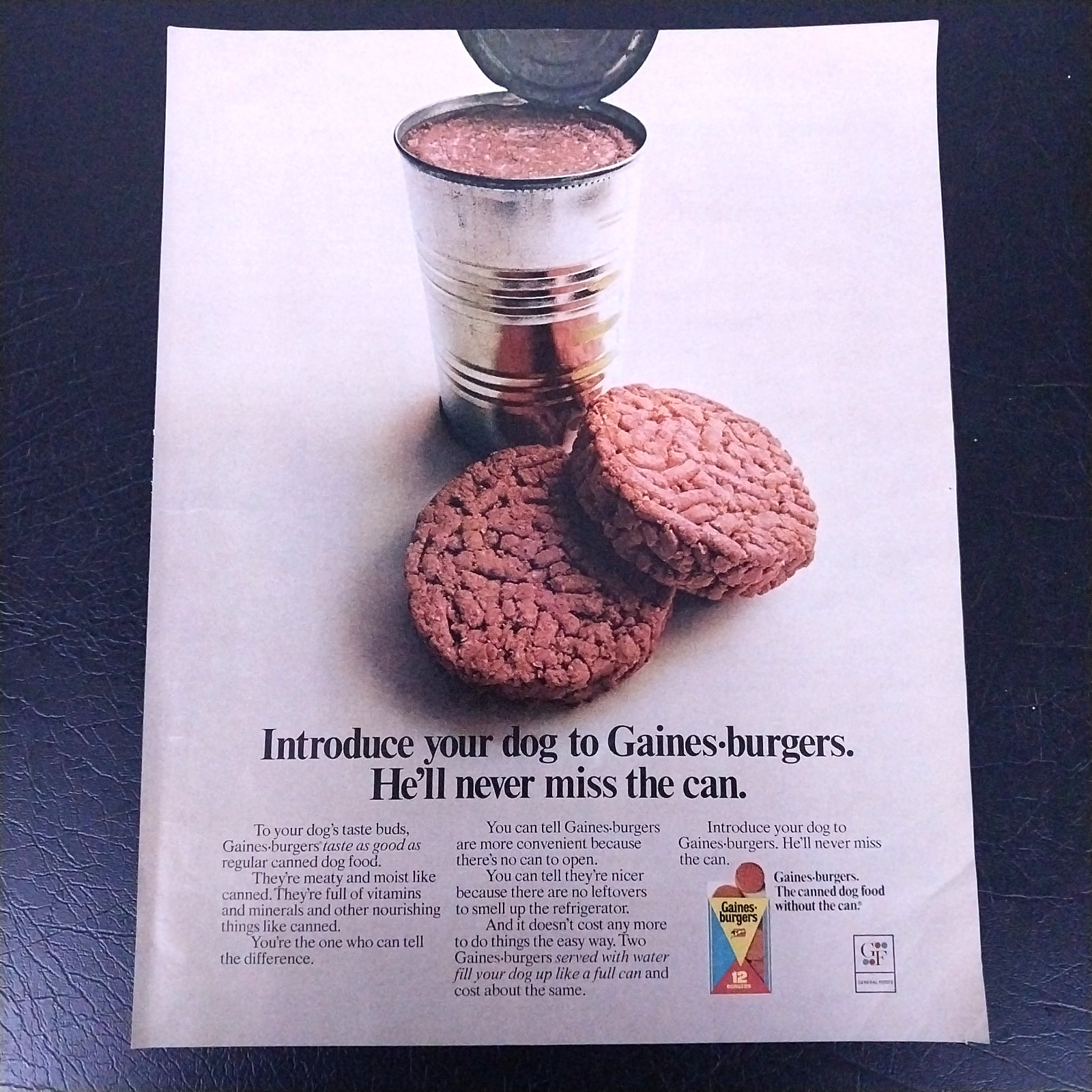 1972 Gaines Burgers Vintage Dog Food Print Ad – Original Magazine Page