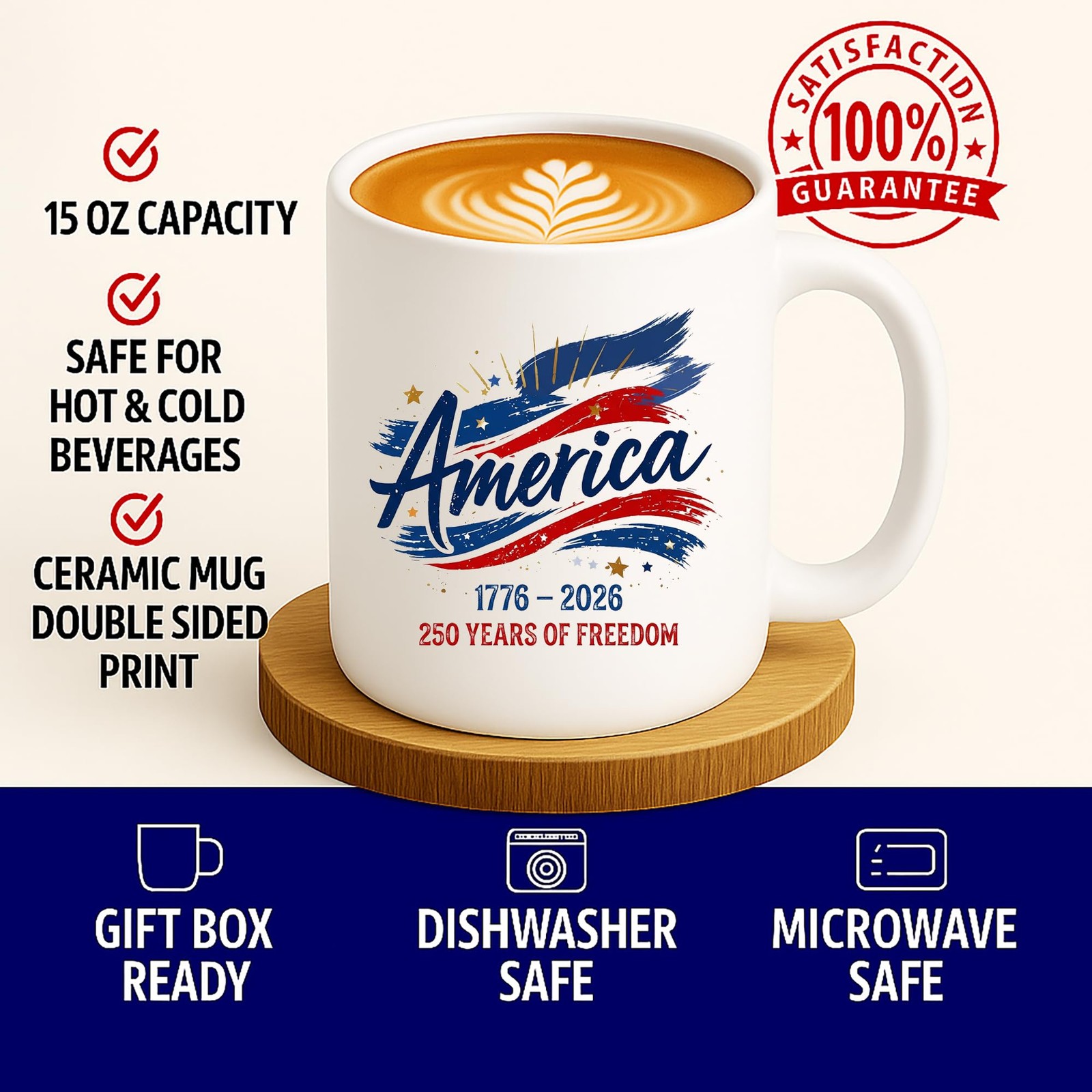 Kropsis 15 oz Patriotic Coffee Mug – “America 250 Years of 15 Ounces, White