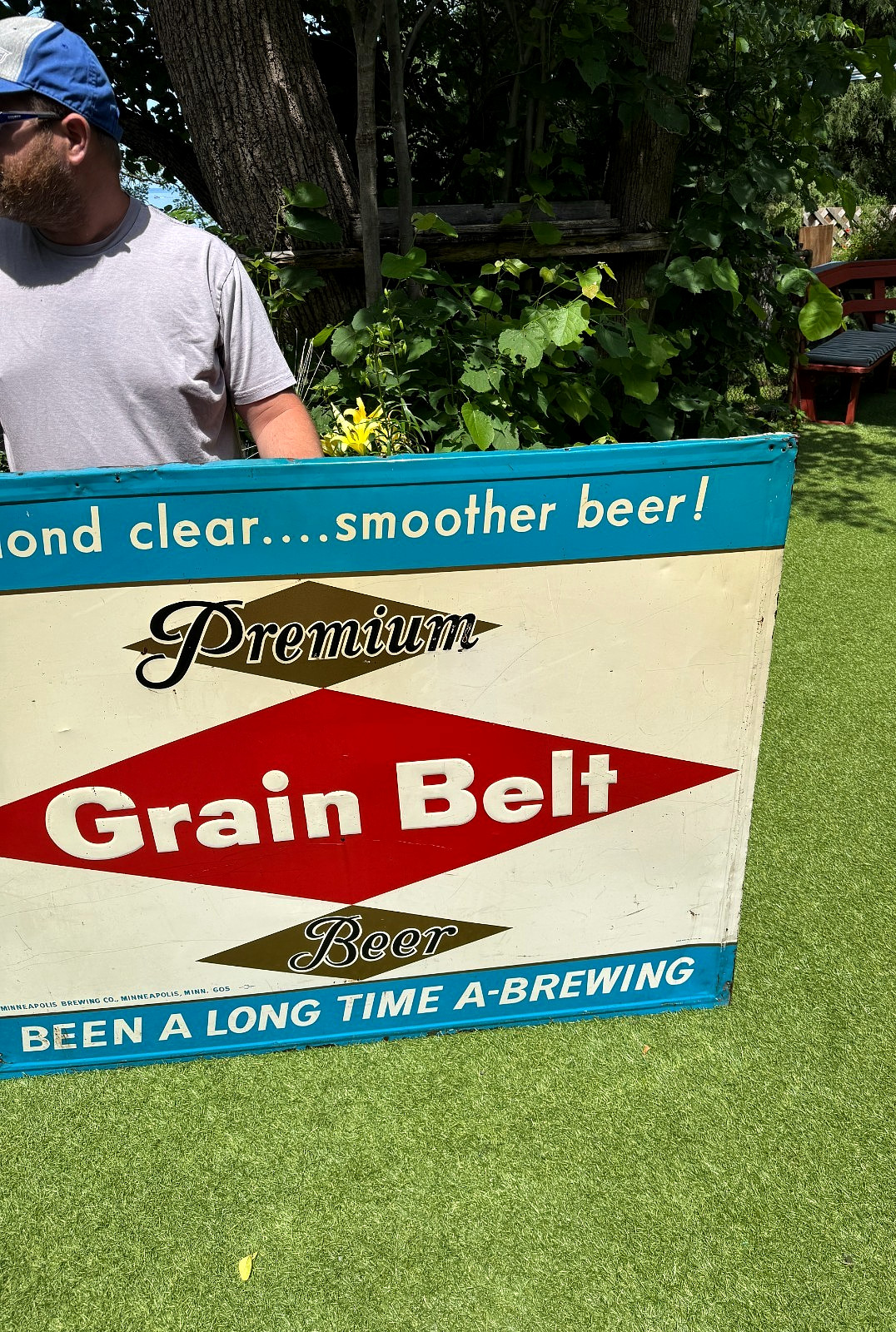 Vintage Old Grain Belt Large Premium Beer Metal Sign 58×46 wood back/ Hamms