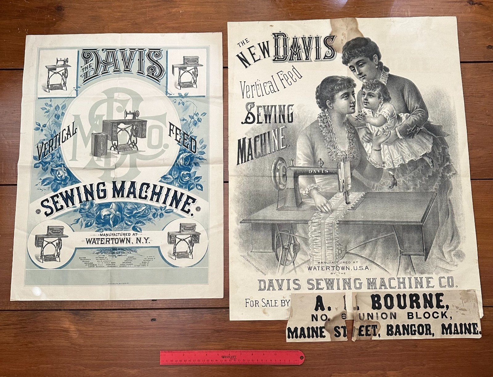 Rare Antique Victorian Davis Sewing Machine Paper Lithograph Advertising Posters