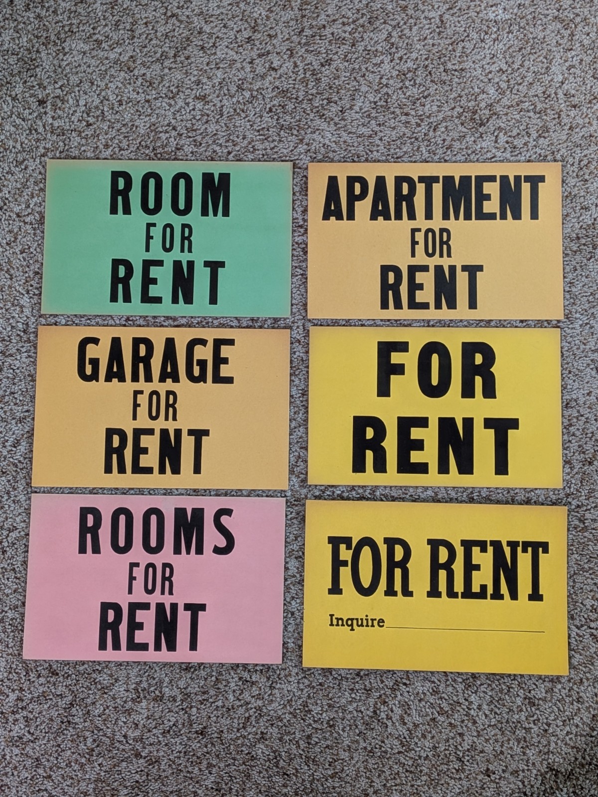 6 Vintage 1940s ? Cardboard FOR RENT Signs GARAGE APARTMENT ROOMS INQUIRE Colors
