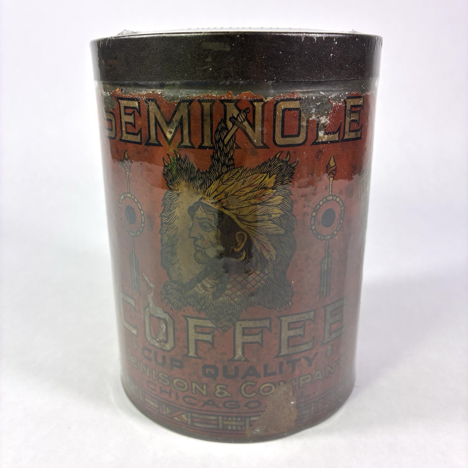 Antique Seminole Coffee 1lb Tin Native American Indian Chief Can Country Store