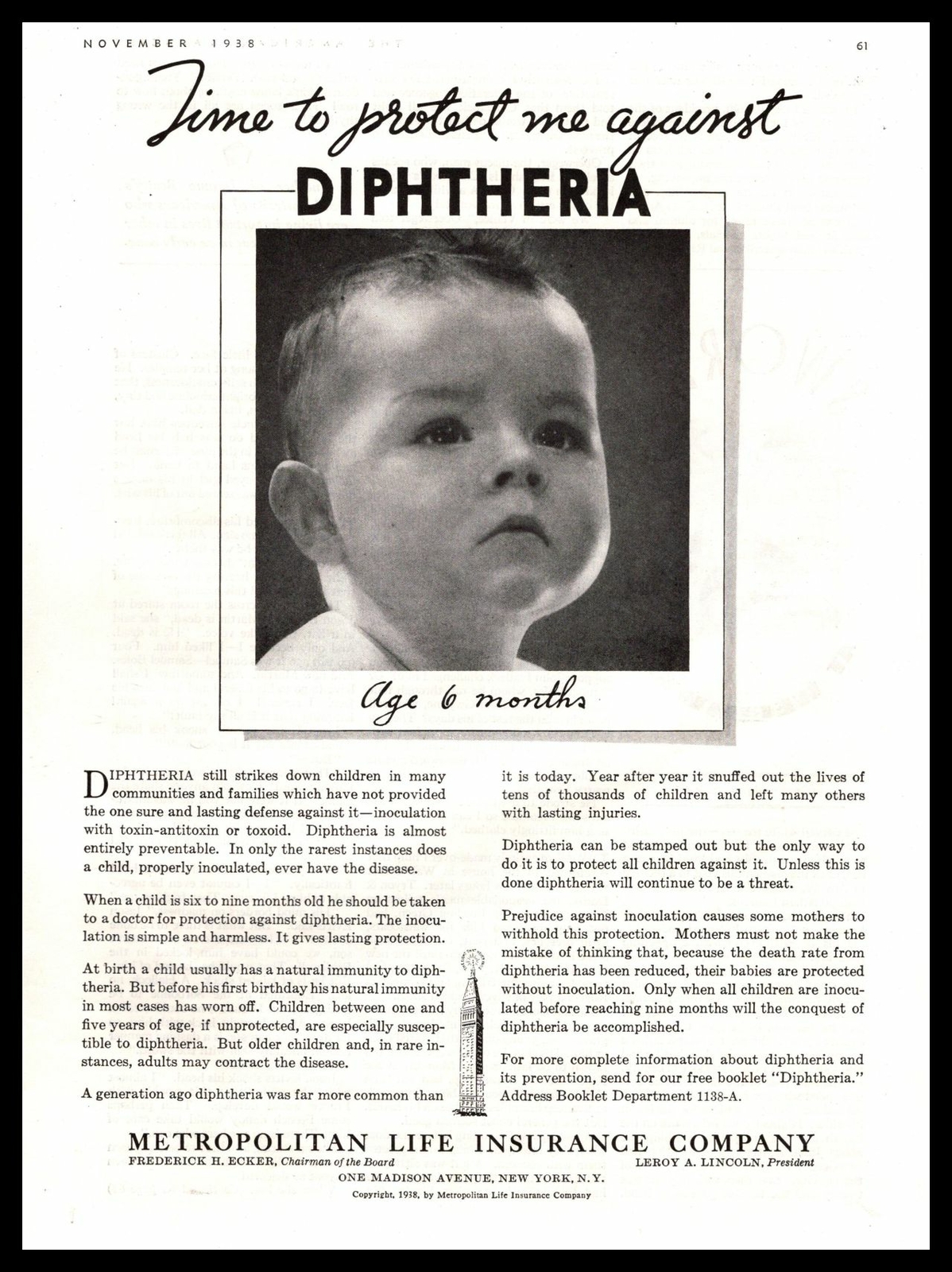 1938 Metropolitan Life Insurance “Protect Me Against Diptheria” Baby Print Ad