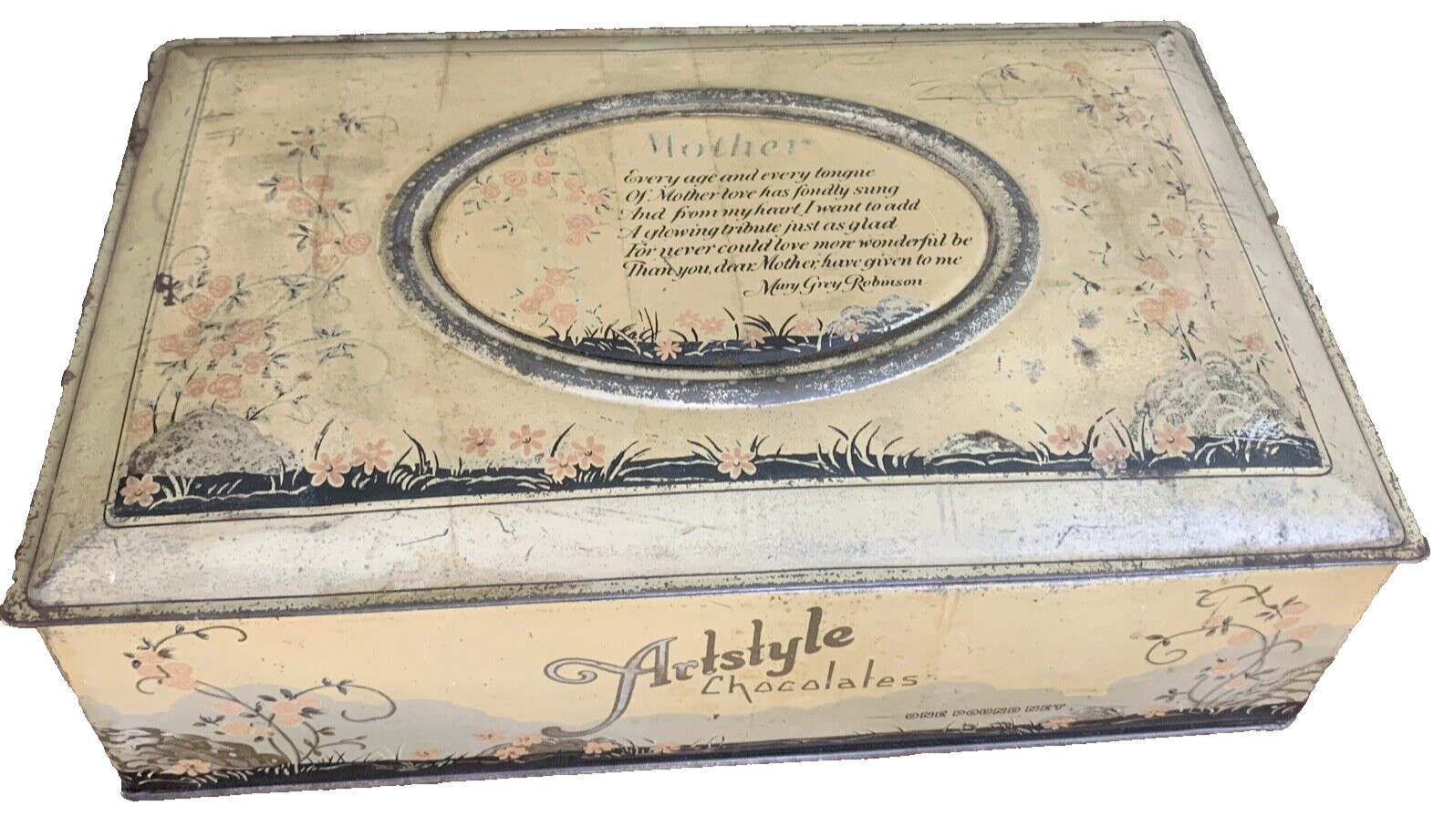 Artstyle CANDY METAL TIN 1900’s Mother Poem Robinson 1 Pound Chocolate USA Stand