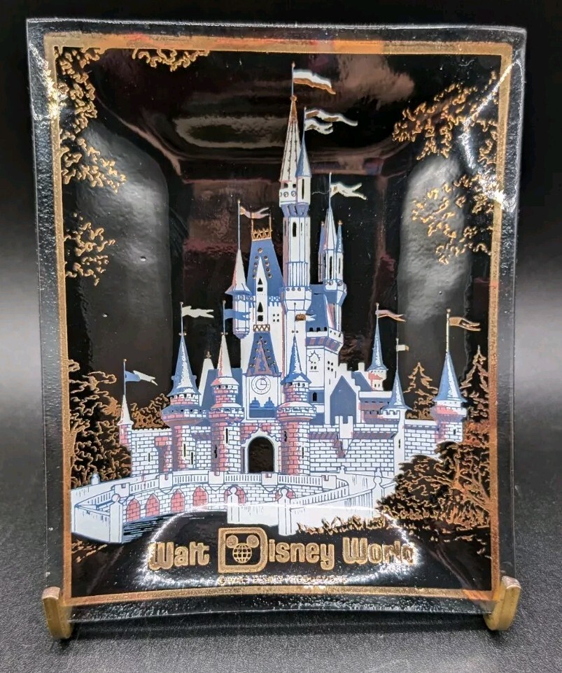 Vintage Walt Disney World Castle Black & Gold Glass Dish Trinket Tray, With Box