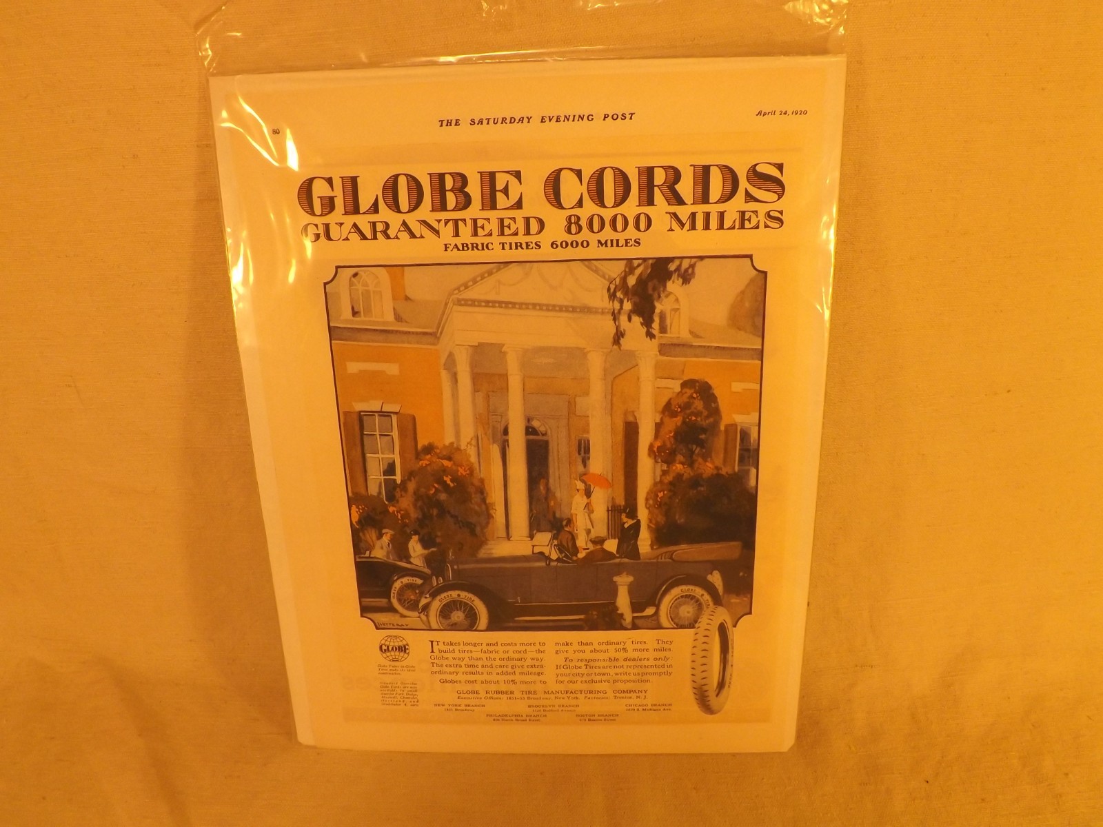 THE SATURDAY EVENING POST GLOBE CORDS AD 1920. GOODYEAR TIRE AD 1918 TAKE A LOOK