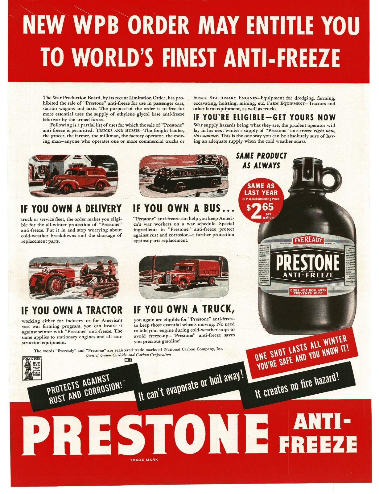 1943 Prestone Anti-Freeze Delivery Truck Bus Tractor Vintage Print Ad