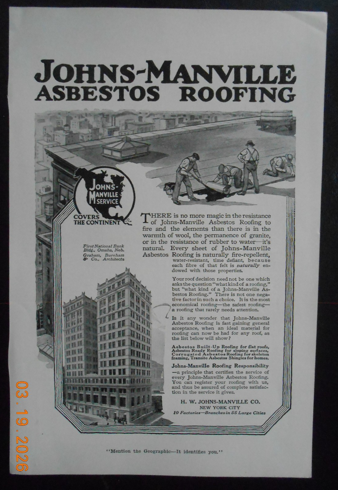 1917 JM Johns-Manville Asbestos Roofing AD 1ST National Bank Building Omaha NE