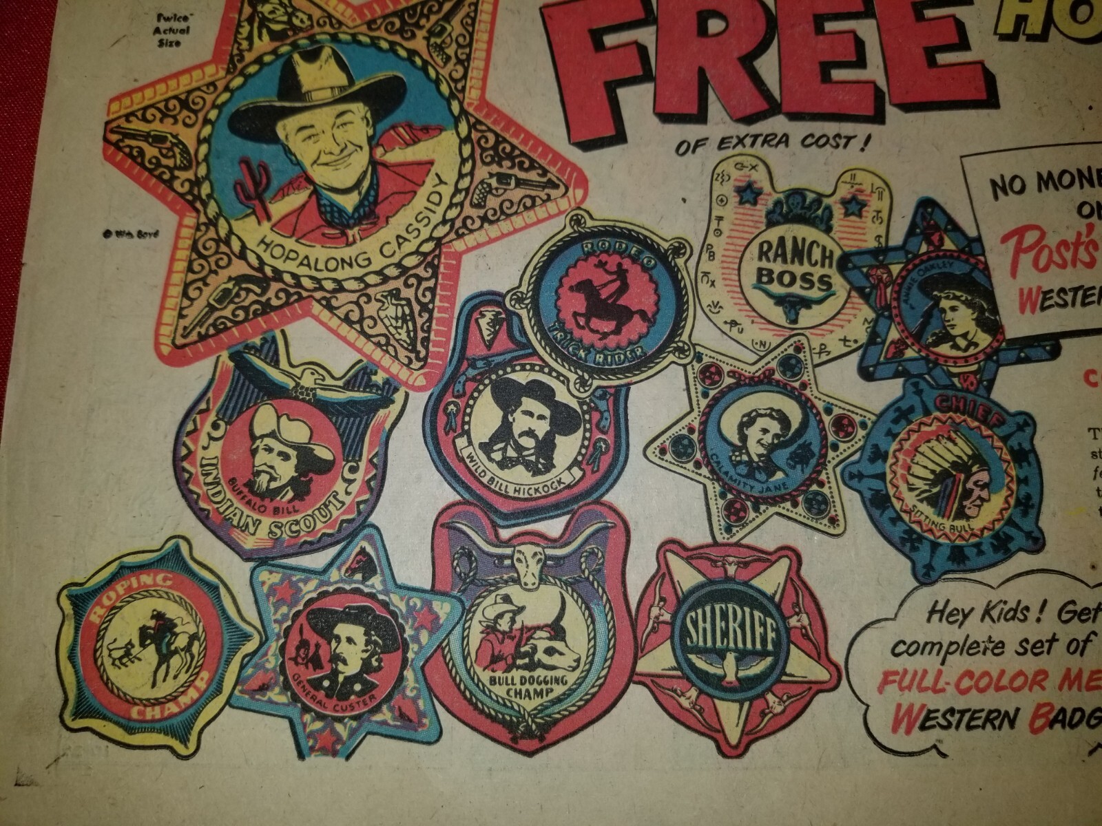 RARE 1950 Hopalong Cassidy Western Badges Wild Bill Post cereal premium ad