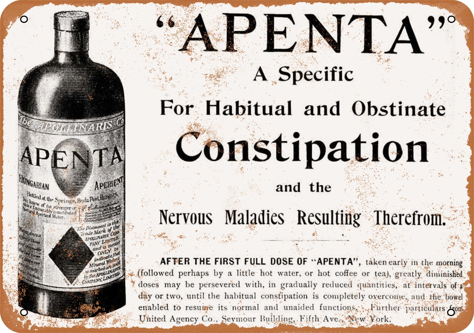 METAL SIGN – 1899 Apenta for Constipation – Vintage Look Reproduction