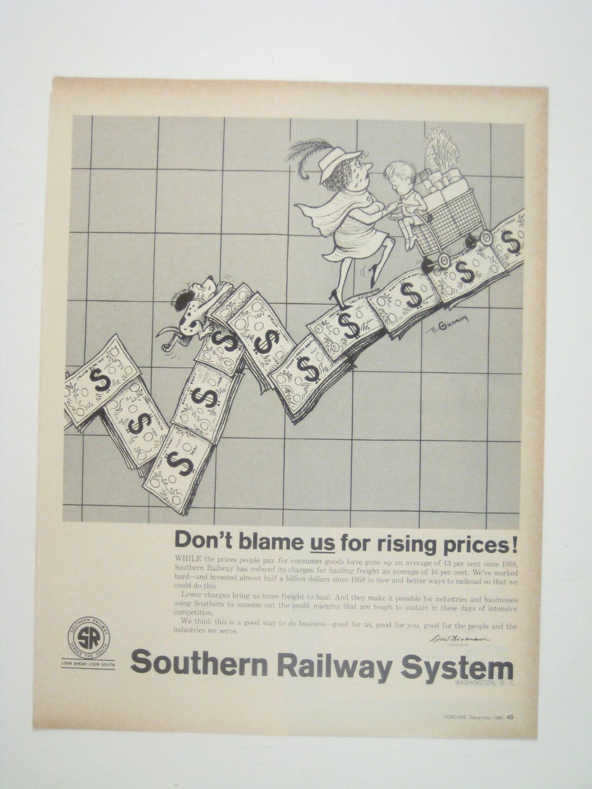 Vintage Southern Railway Print Ad Cartoon Art Dont Blame Us Rising Prices 1960s