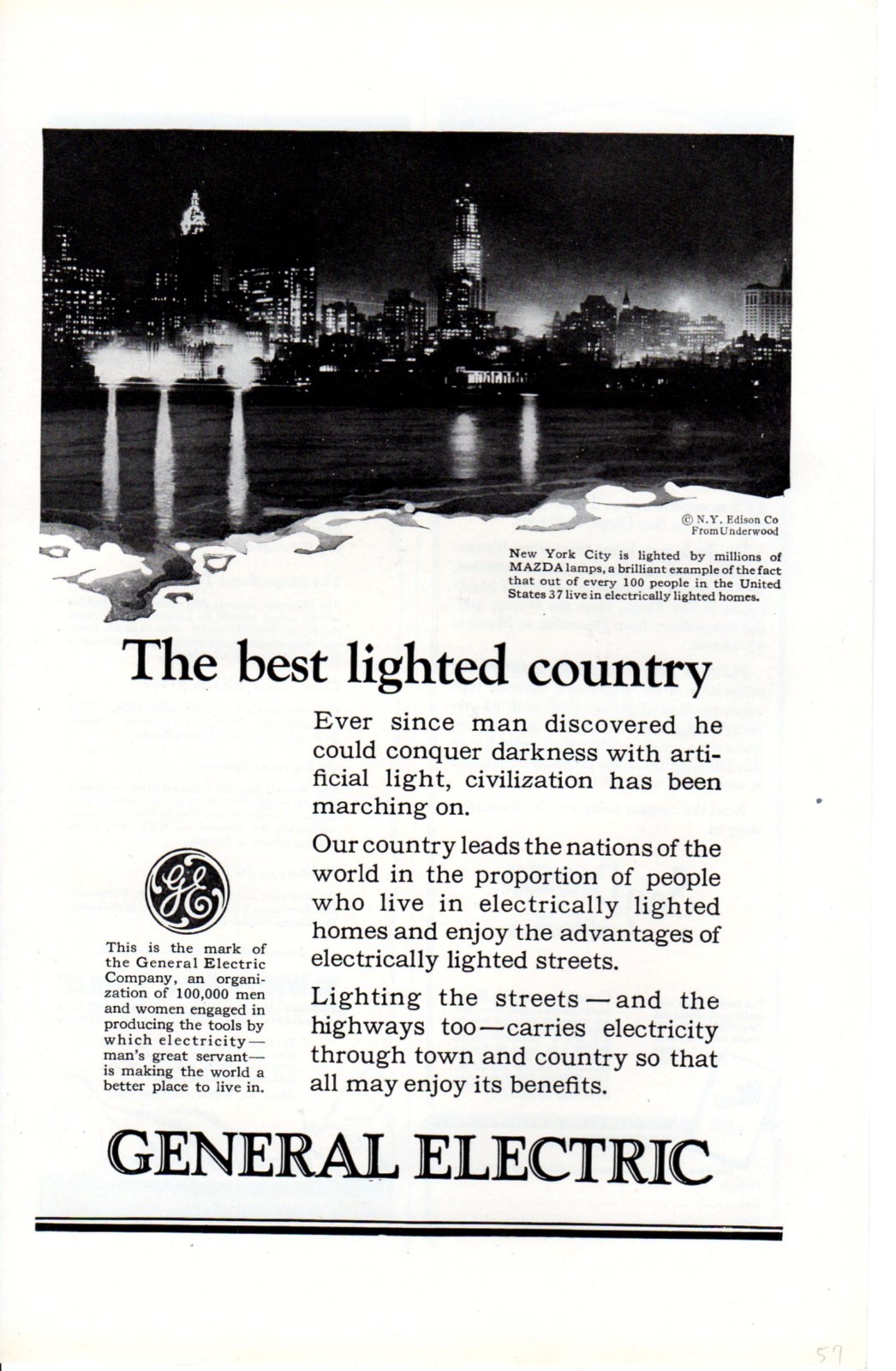 1924 Vintage print ad General Electric New York Skyline Mazda lamp lights edison