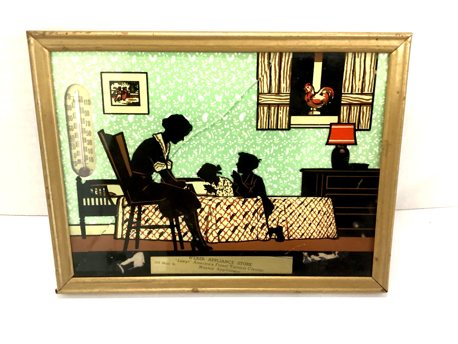 ANTIQUE REVERSE PAINTING ON GLASS ADVERTISING with THERMOMETER WEBER APPLIANCES