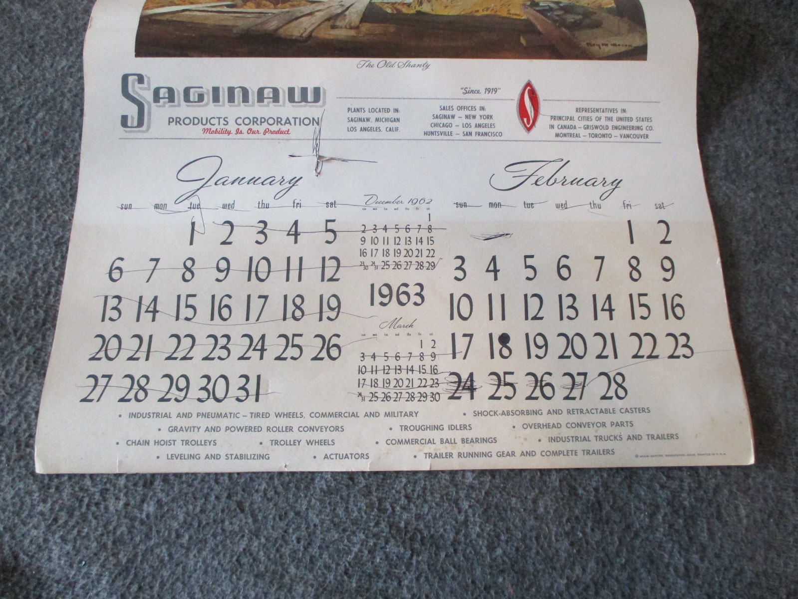 1963 VINTAGE SAGINAW WALL CALENDAR – 6 WATERCOLORS BY ARTIST ROY M. MASON, N.A.