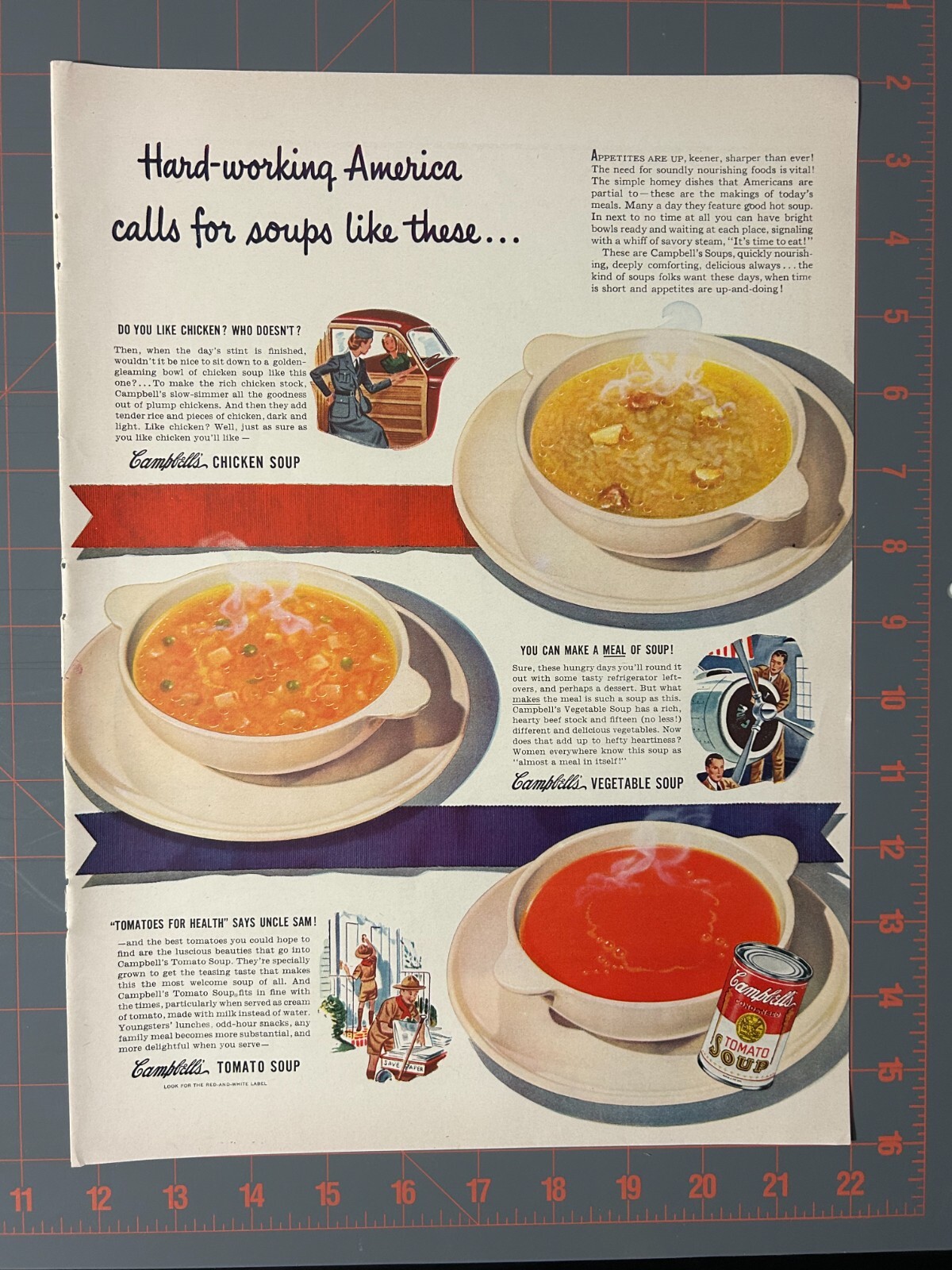 1942 Vintage Cambell’s Soup Chicken Vegetable Tomato Print Ad L2