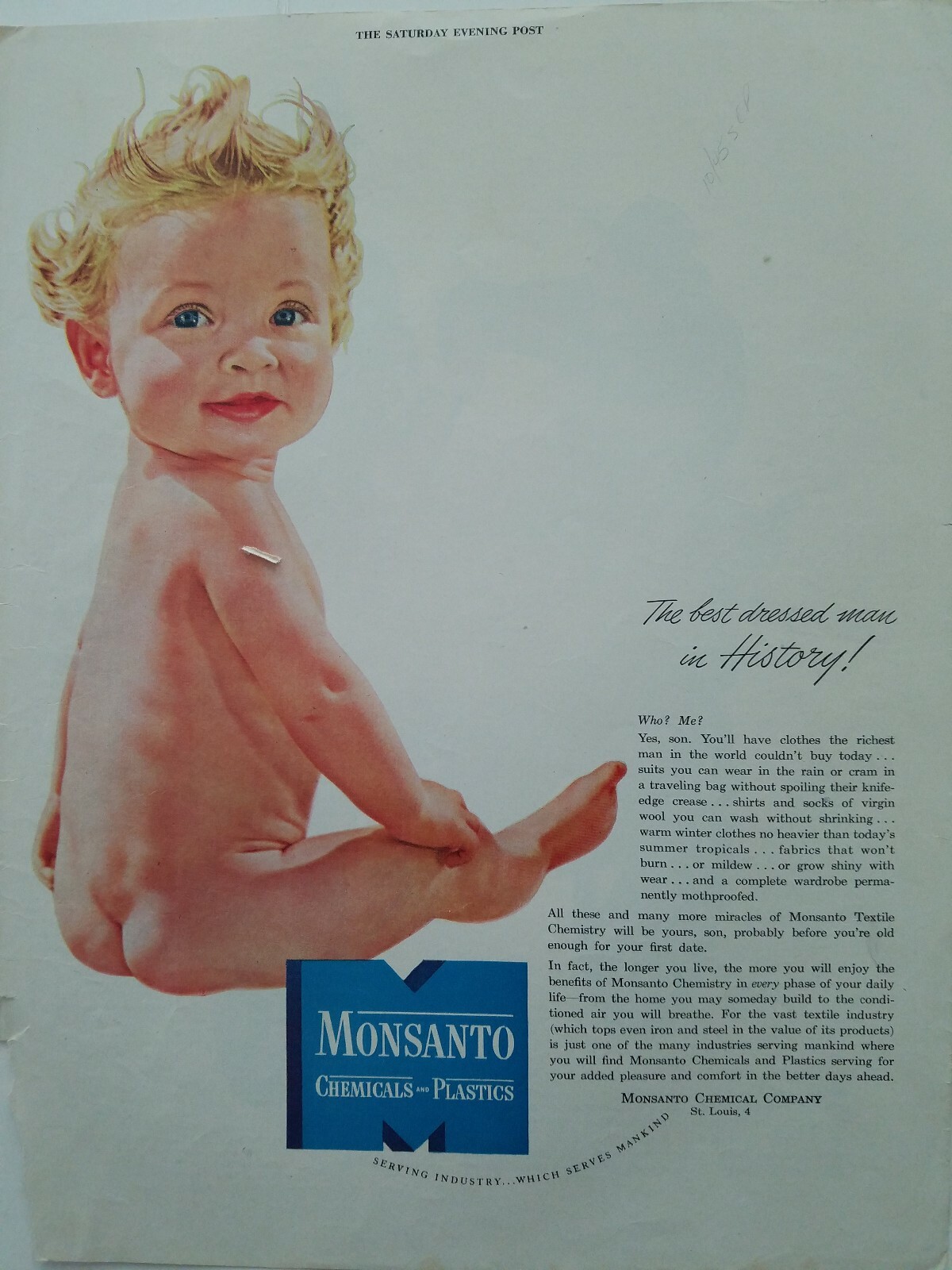 1945 Monsanto chemicals and Plastics Best Dressed Man history nude baby boy ad