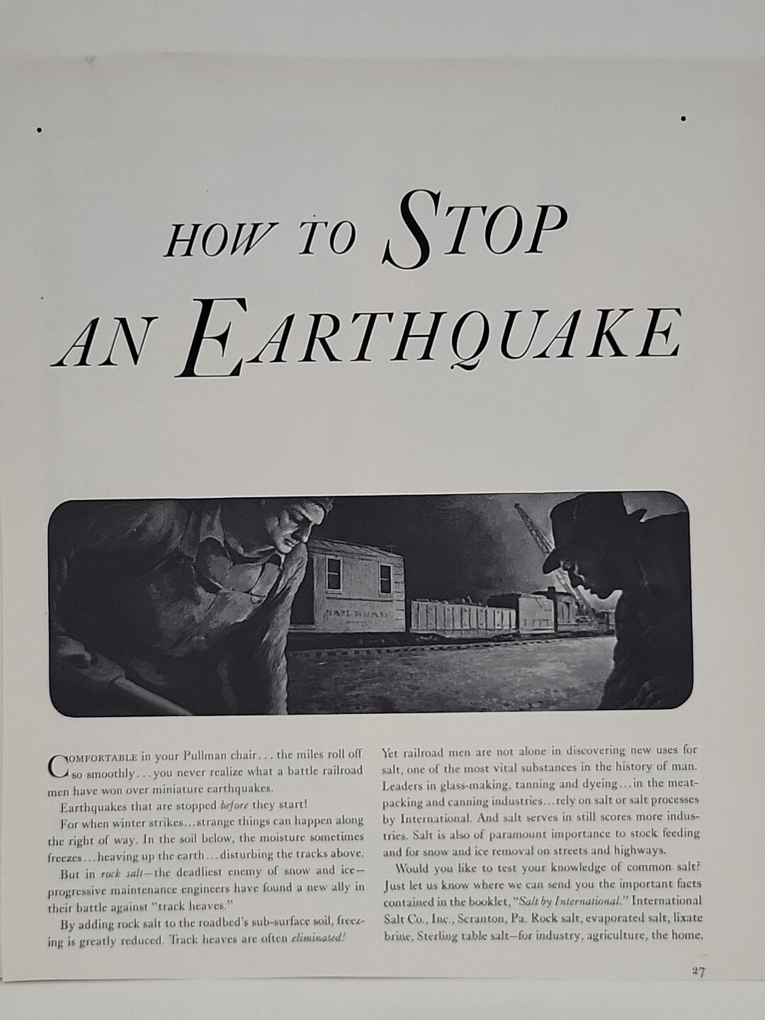 1942 International Salt Co. Fortune WW2 Print Ad Q1 Earthquake Freight Trains