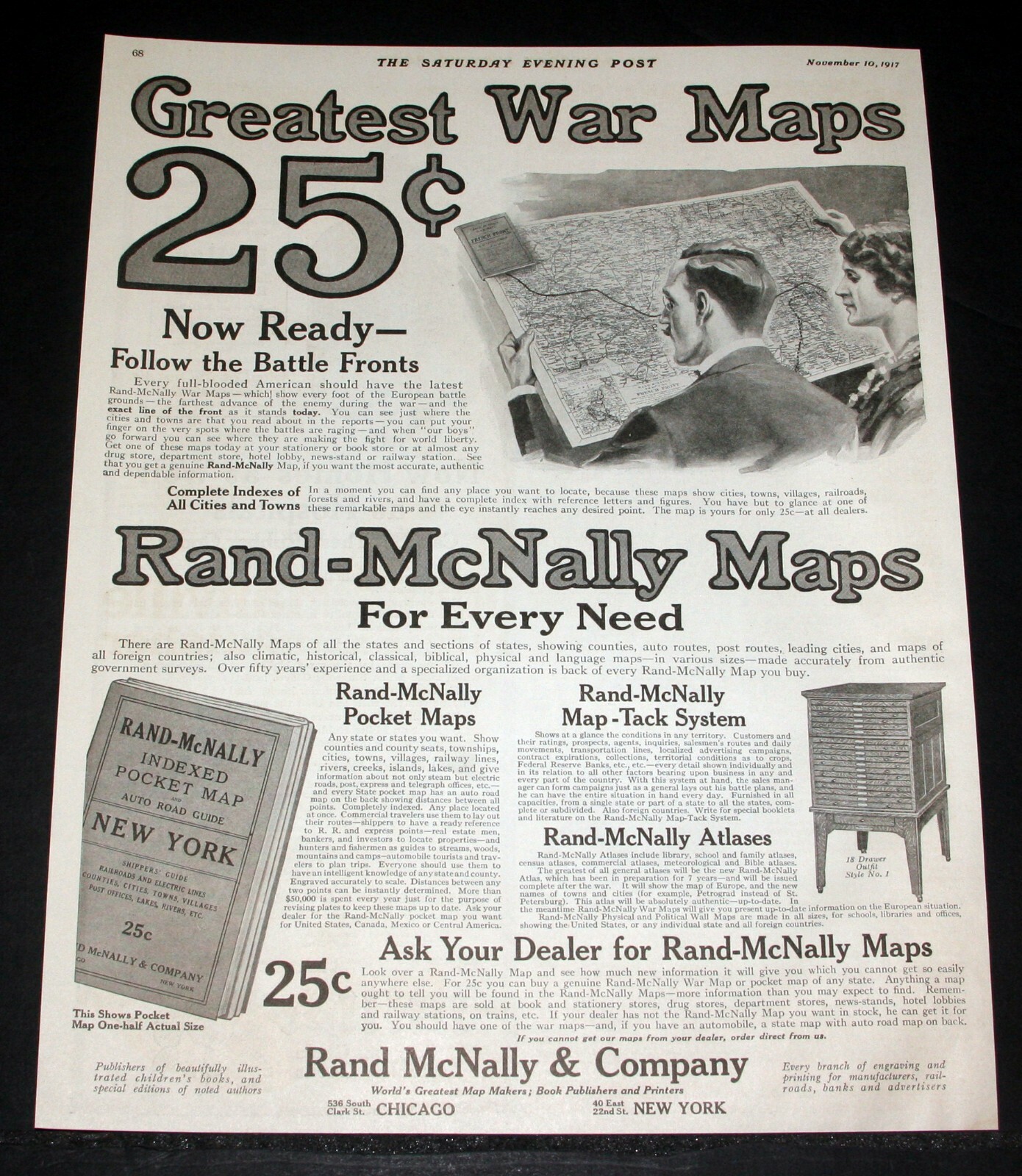 1917 OLD WWI MAGAZINE PRINT AD, RAND McNALLY WAR MAPS, FOLLOW THE BATTLE FRONTS!