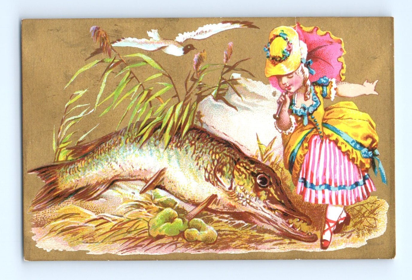 Pike Pickerel Fish White Bird Blank Trade Card Pink Yellow Lady Parasol VTG Ad