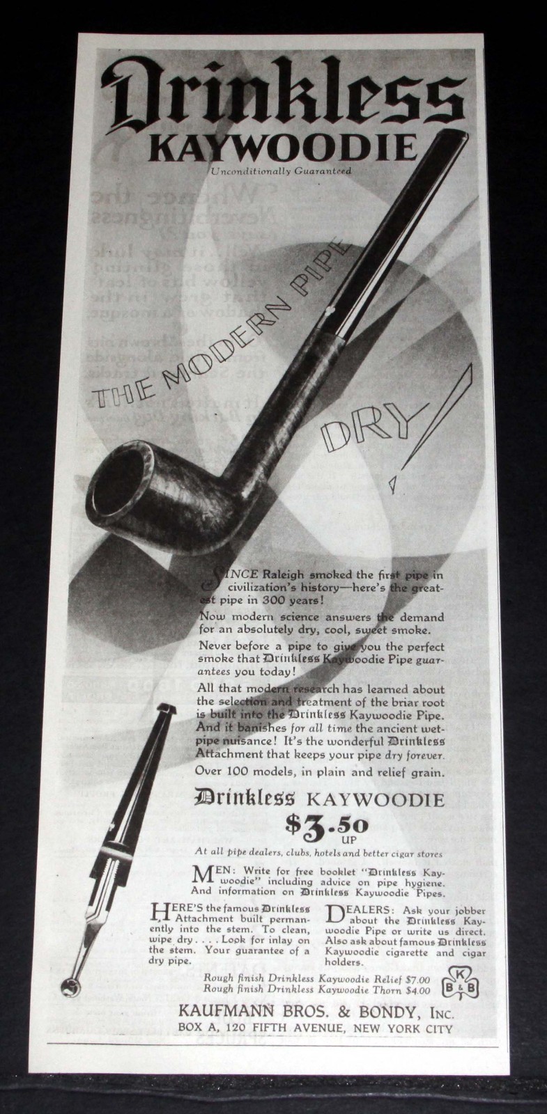 1927 OLD MAGAZINE PRINT AD, KAUFMANN BROS, DRINKLESS KAYWOODIE, THE MODERN PIPE!