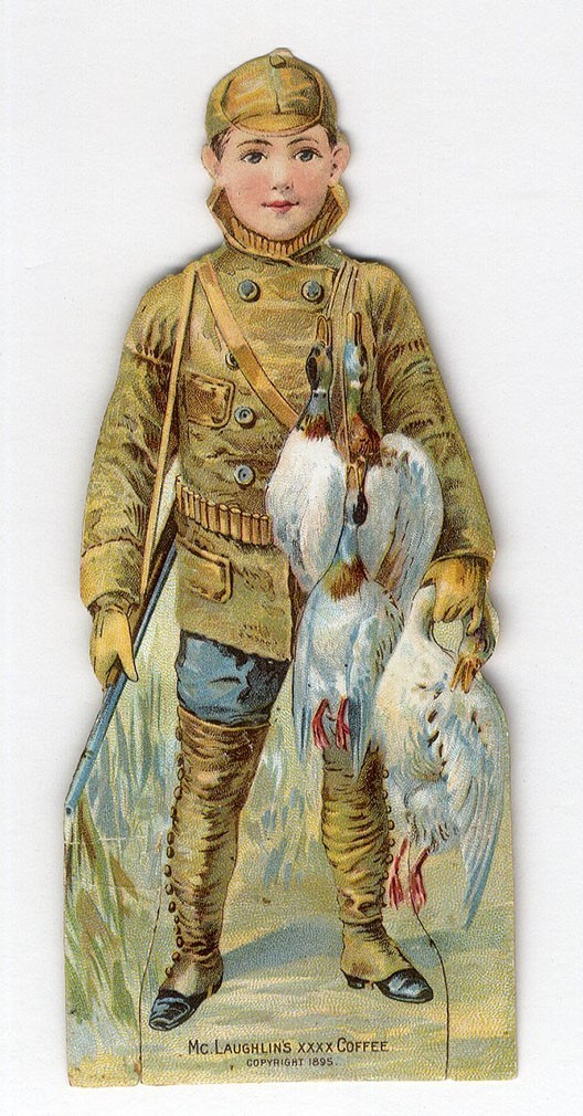 McLAUGHLIN’S Coffee PAPER DOLL Little Boy Hunter VICTORIAN Trade Card 1895