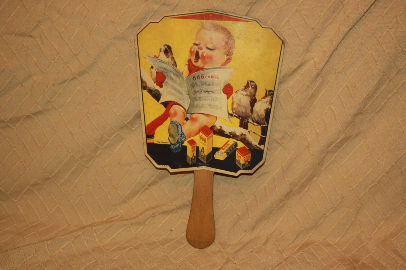 ANTIQUE “Carol 666” WOOD PRINTED PAPER ADVERTISING FAN Tablets Liquid Salve