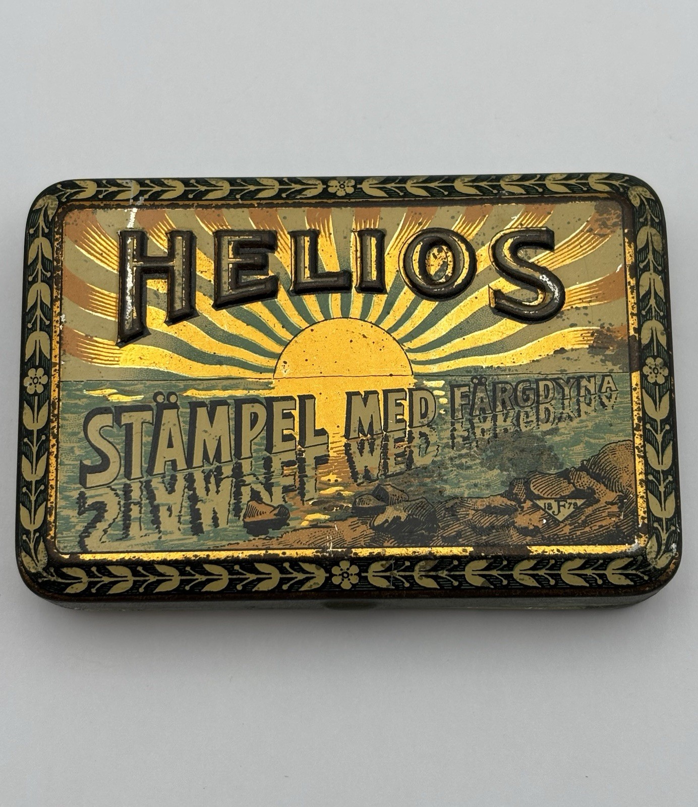 Antique Swedish Helios Stamp Ink Pad Tin Art Nouveau Sunrise Lithograph c1879