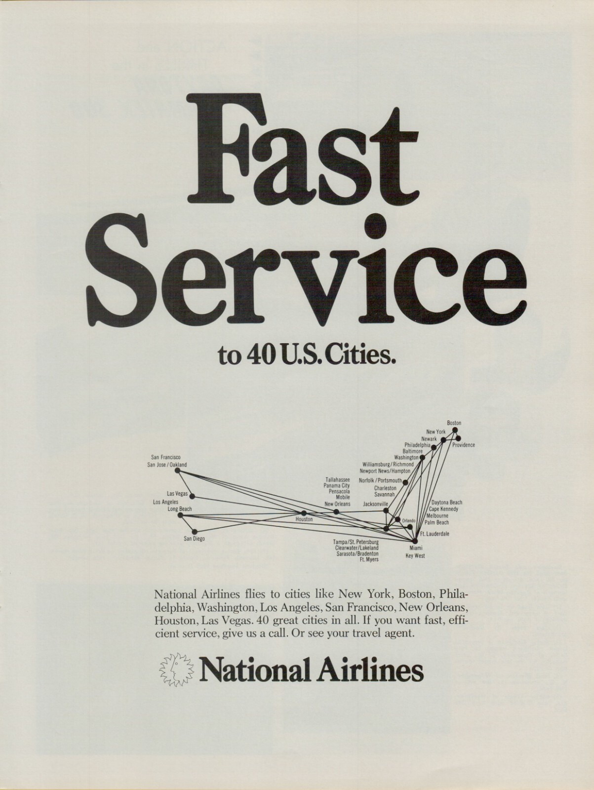 1969 National Airlines Fast Service to 40 Cities Boston NY VINTAGE PRINT AD
