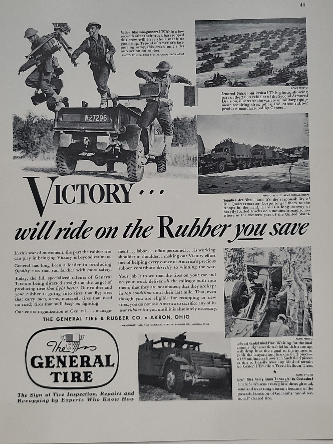 1942 The General Tire Fortune WW2 Print Ad Q3 Victory U.S. Soldiers Jeep Armored
