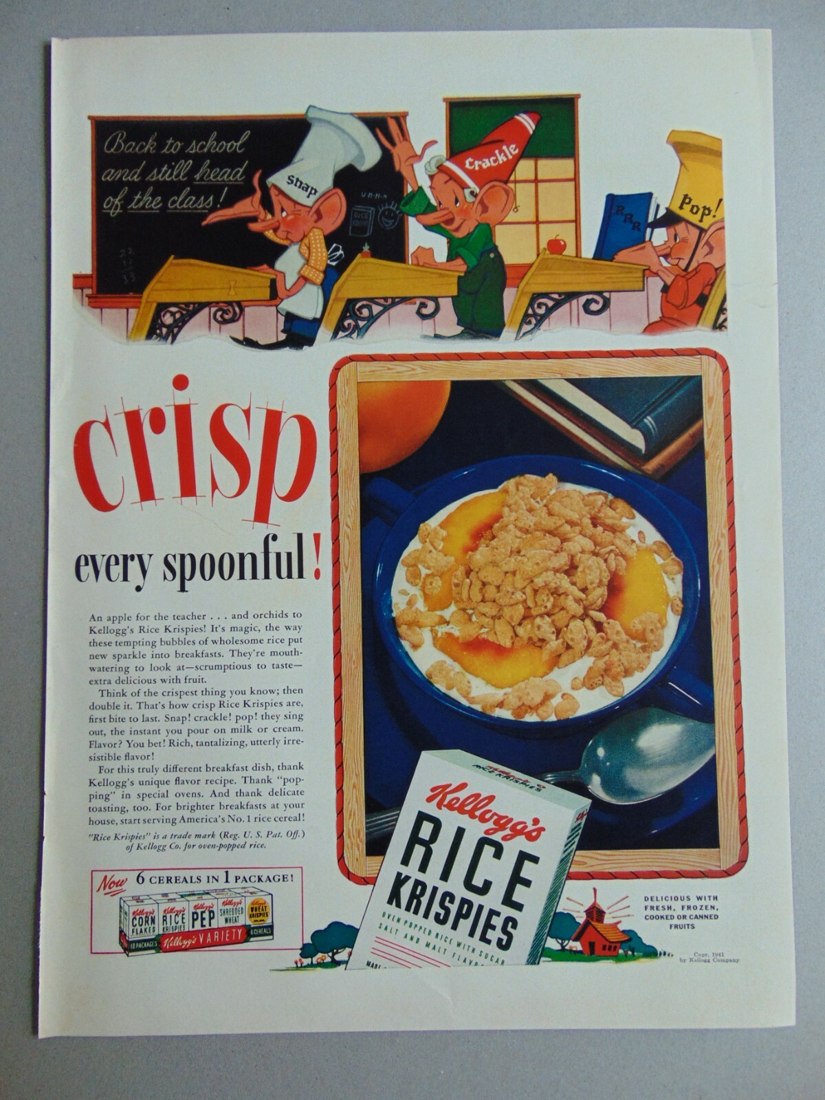 1941 RICE KRISPIES KELLOGG’S Every Spoonful CRISP! vintage art print ad