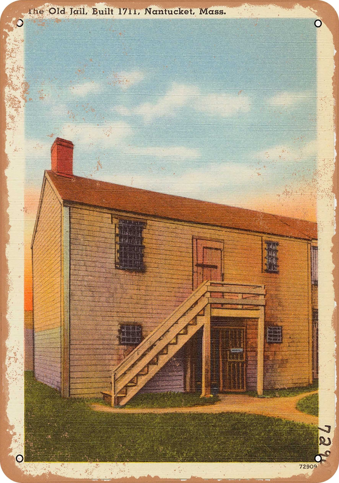METAL SIGN – Massachusetts Postcard – The old jail, built 1711, Nantucket, Mass