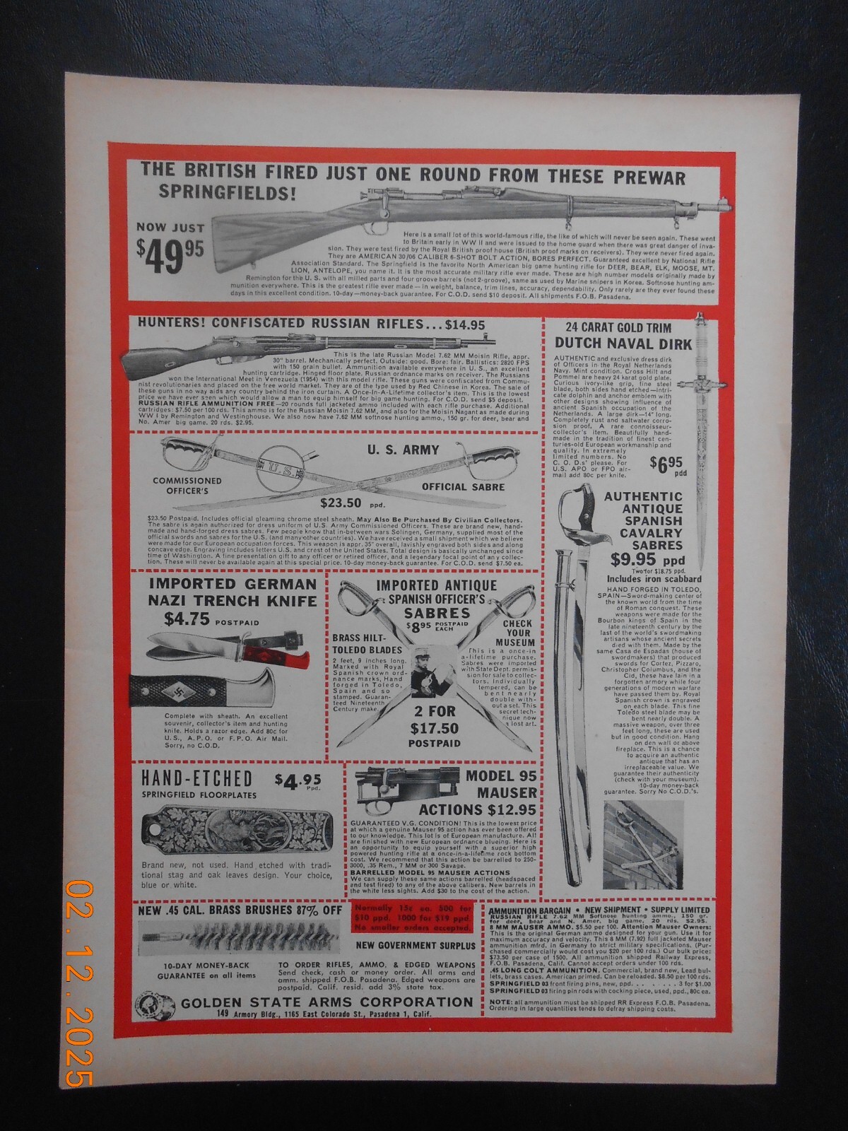 1956 Golden State Arms CA Sword Knife Rifle AD Floyd L. Parks New NRA Director