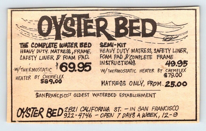 1971 OYSTER BED WATER BEDS SAN FRANCISCO NEWSPAPER AD Vintage 2″X4″ 1970’s M620