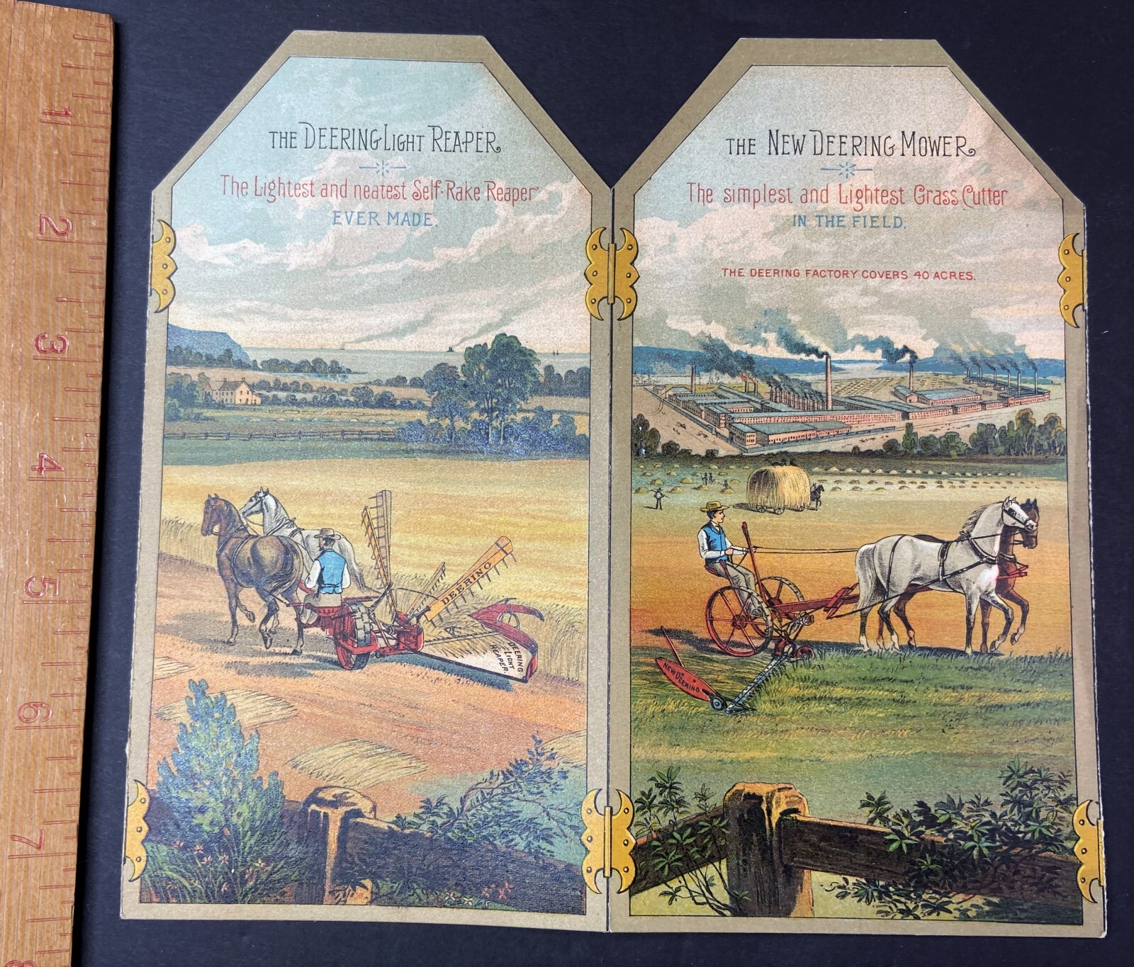 SUPER Trade Card Folder Brochure – Deering Mower & Reaper Farm Horse Drawn 1880s