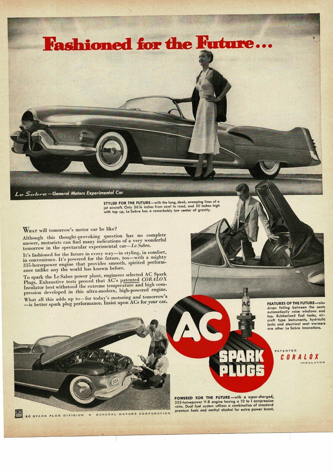 1952 AC Spark Plugs Le Sabre GM Experimental Car Vintage Ad